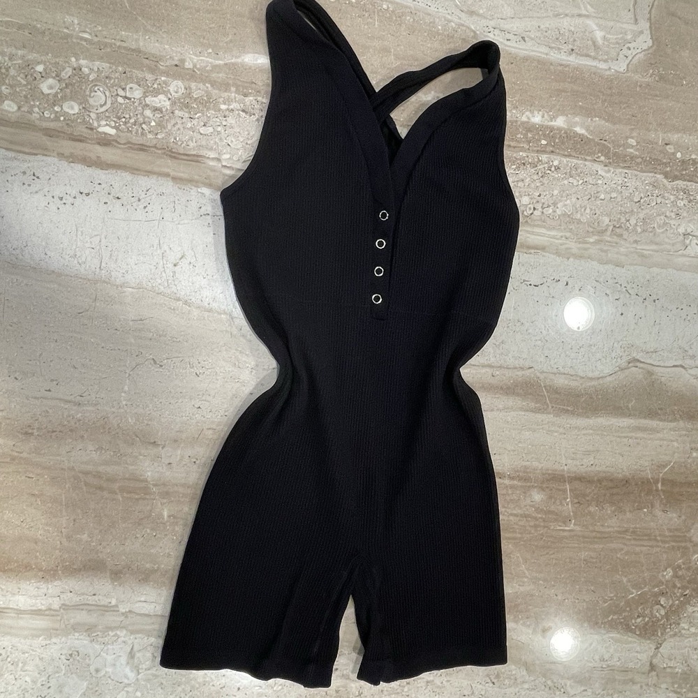 Womens Ribbed Workout Yoga Jumpsuit Romper Bodysuit Bodycon Sexy 1-Piece Snaps M - Picture 1 of 7